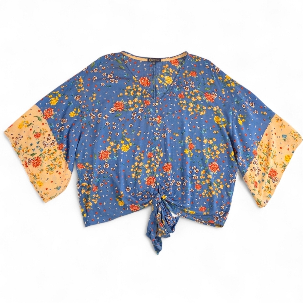 Democracy Blue Floral Tie Front Sleeve Crop Top Boho Cottagecore Rayon Women L